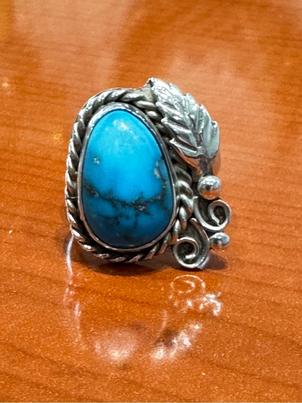 Signed Charlene Dishta Zuni Turquoise Leaf & Scroll 925 Silver Ring